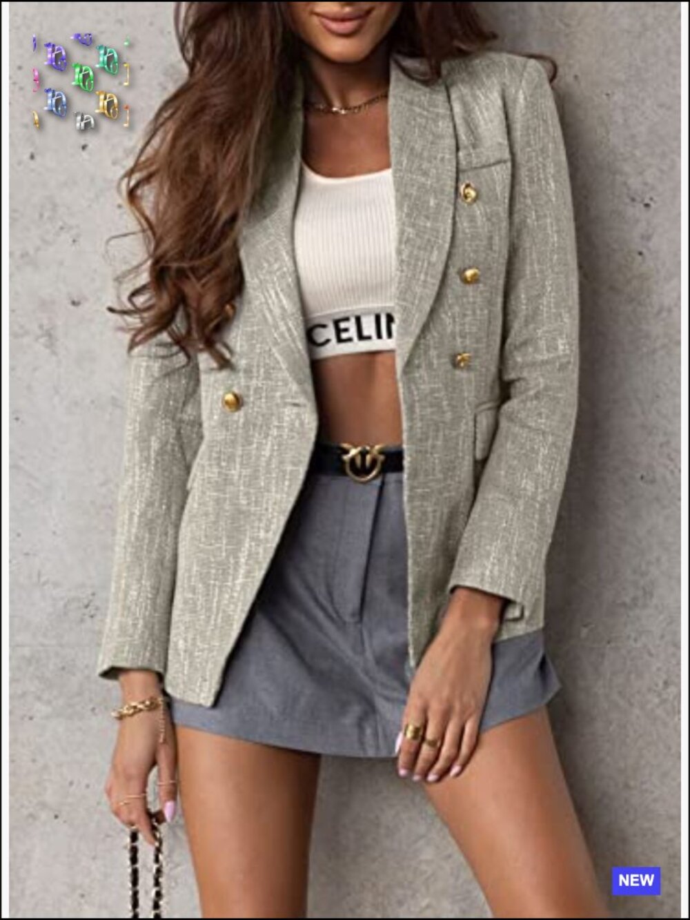 Tweed Blazer Double Breasted Open Front Slim Fit Business Casual Chic - Picture 4 of 7